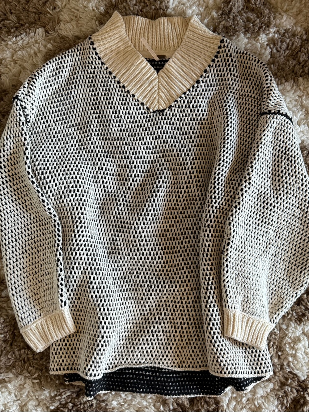 Free People Cream and Black Textured V-Neck Sweater